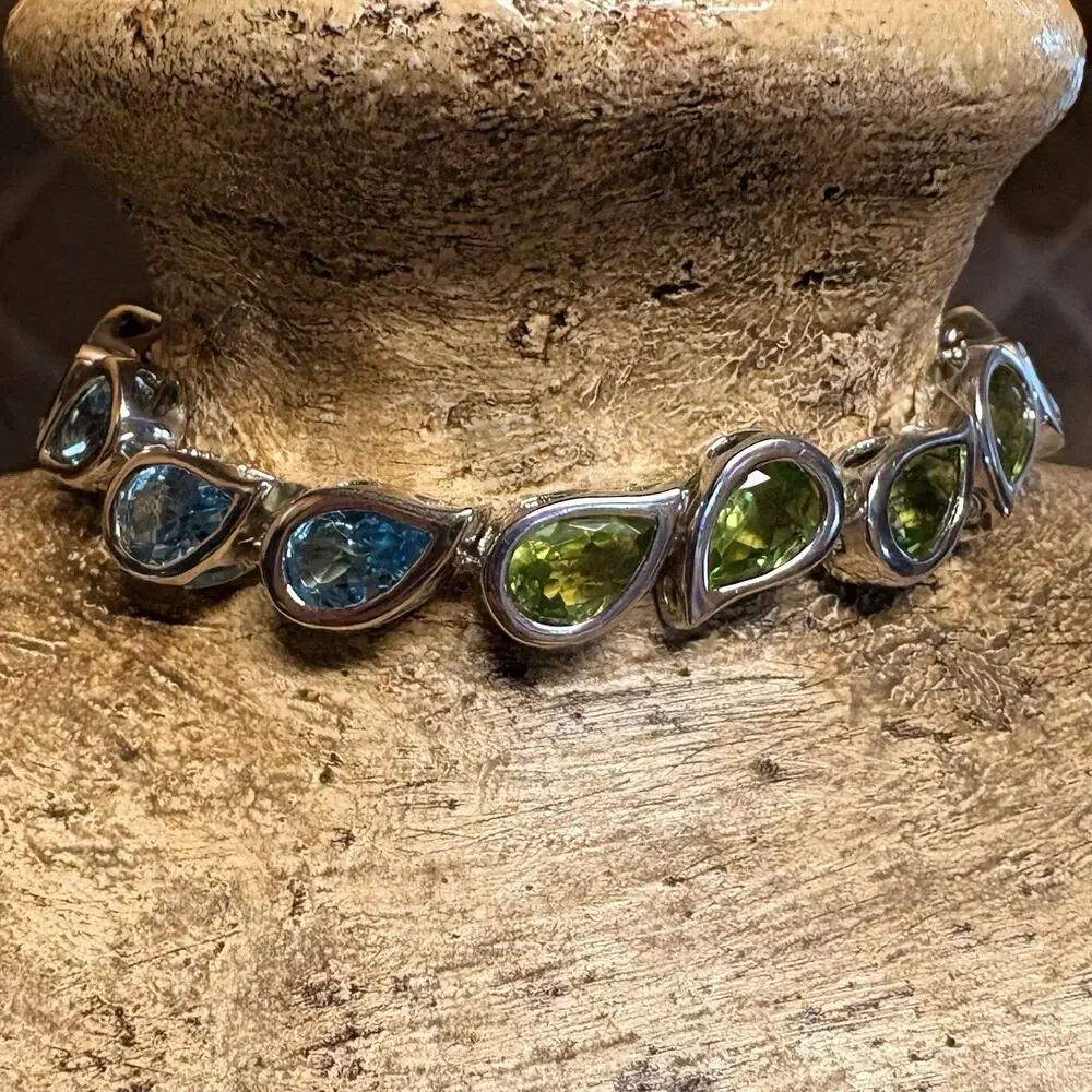 Tennis Bracelet Sterling Silver and Multi Teardrop Gemstones Vintage 7.25 Inch